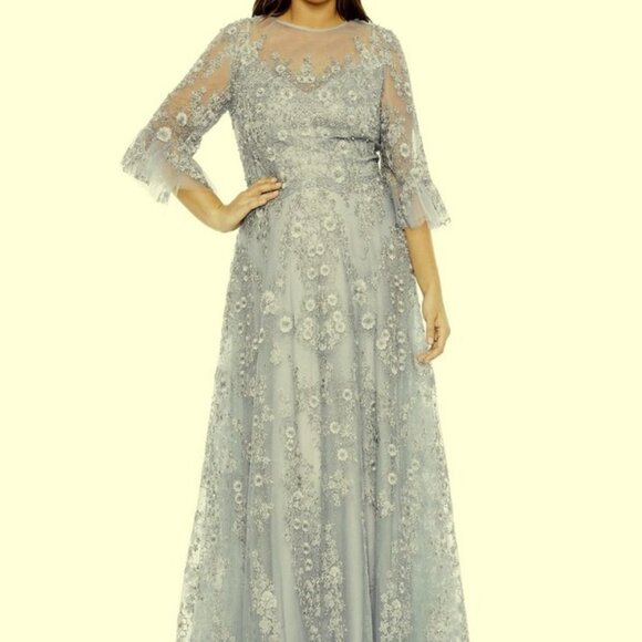 Mac Duggal Platinum Gray Beaded Embroidered Floral A-Line Gown - Picture 1 of 6